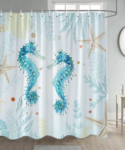 Inspiring Seahorse Shower Curtain with Underwater Plants and Starfish for Motivational Bathroom Decor
