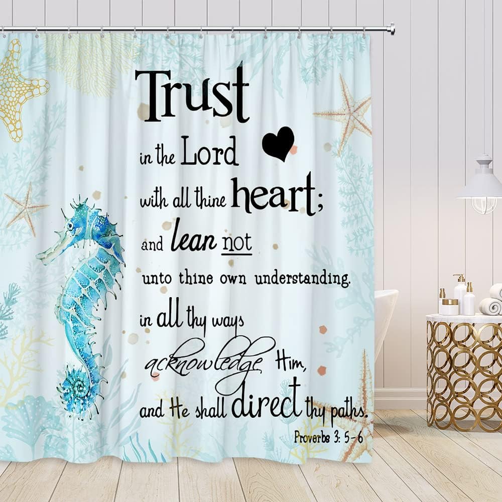 Inspiring Seahorse Shower Curtain with Underwater Plants and Starfish for Motivational Bathroom Decor