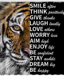 Inspiring Tiger Shower Curtain with Black and Brown Wildlife Motivational Quotes for Boys Bath Decor