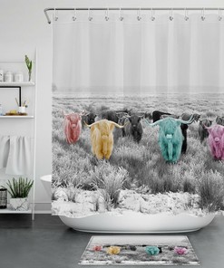 Interesting Cows Grassland Waterproof Shower Curtain Rustic Bathroom Decoration With Animal Design 