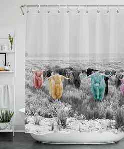 Interesting Cows Grassland Waterproof Shower Curtain Rustic Bathroom Decoration With Animal Design
