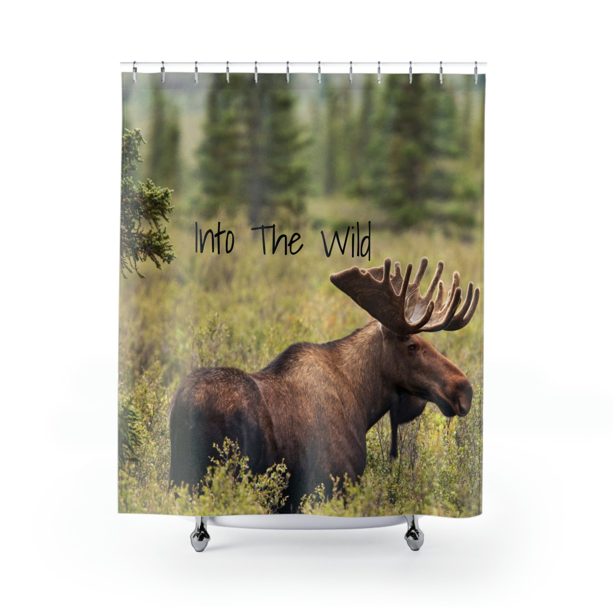 Into the Wild Moose Shower Curtain perfect for Rustic and Nature Inspired Bathroom Decor by Imirell