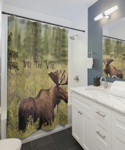 Into the Wild Moose Shower Curtain perfect for Rustic and Nature Inspired Bathroom Decor by Imirell