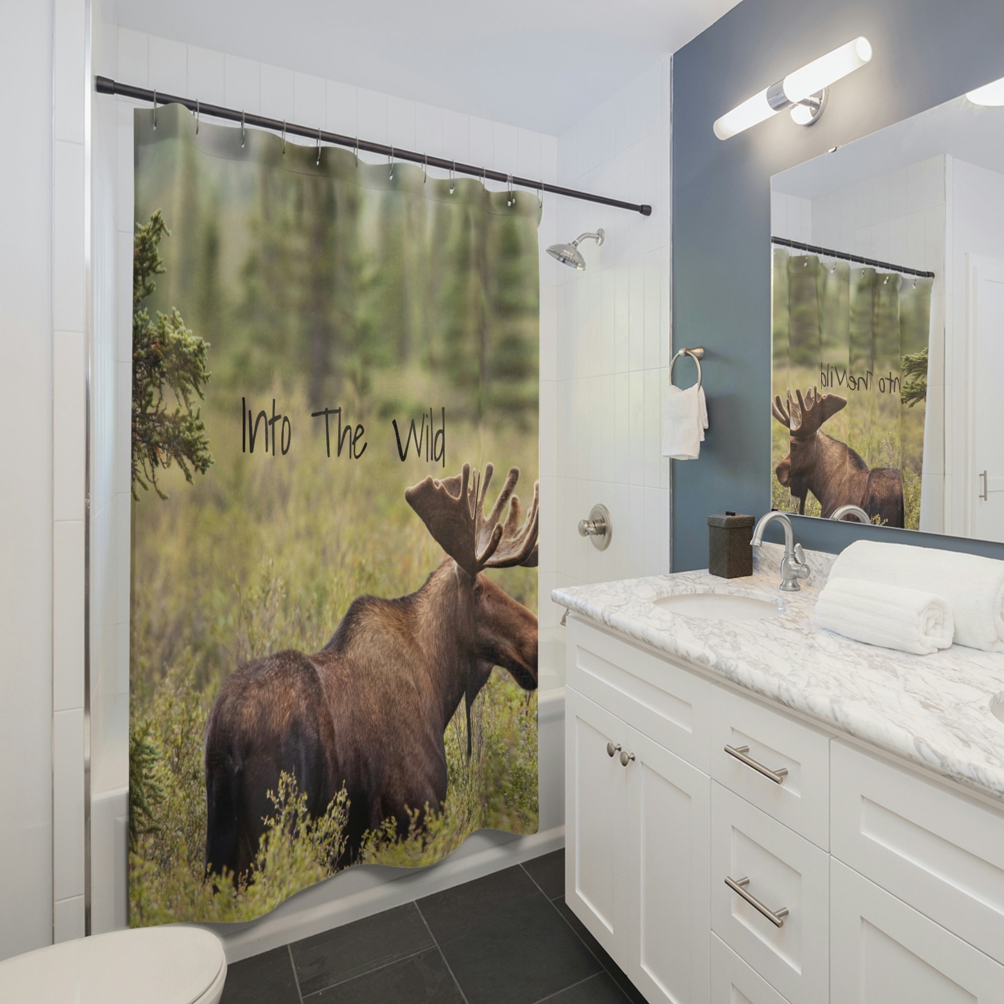 Into the Wild Moose Shower Curtain perfect for Rustic and Nature Inspired Bathroom Decor by Imirell