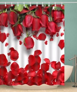 Invigorating Red Roses And Petals Shower And Bath Curtain For Beautiful Bathroom Decor