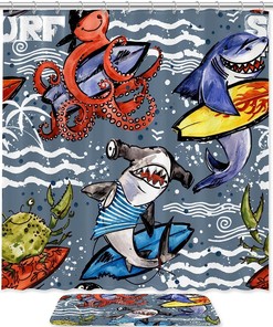 Inviting and Fun Shark and Octopus Shower Curtain - Waterproof Fabric with Underwater Adventure Print