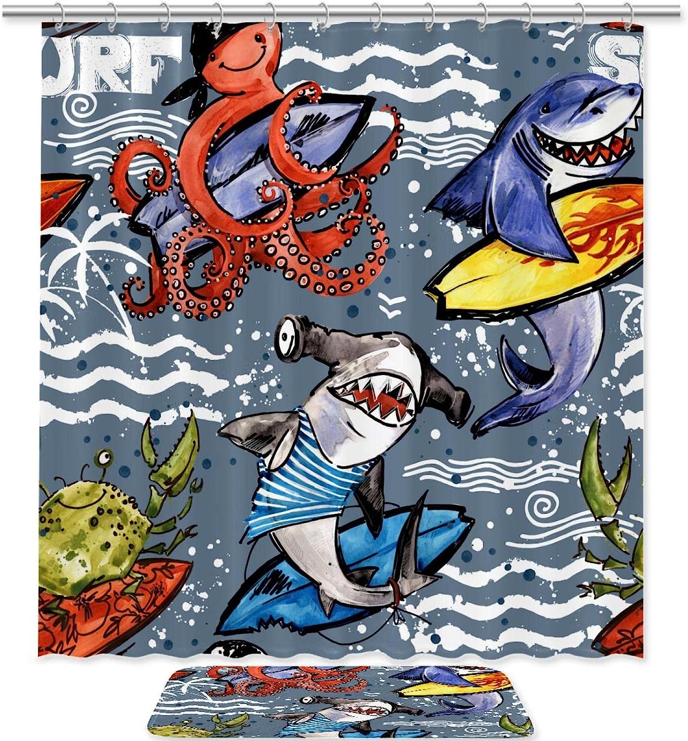 Inviting and Fun Shark and Octopus Shower Curtain - Waterproof Fabric with Underwater Adventure Print