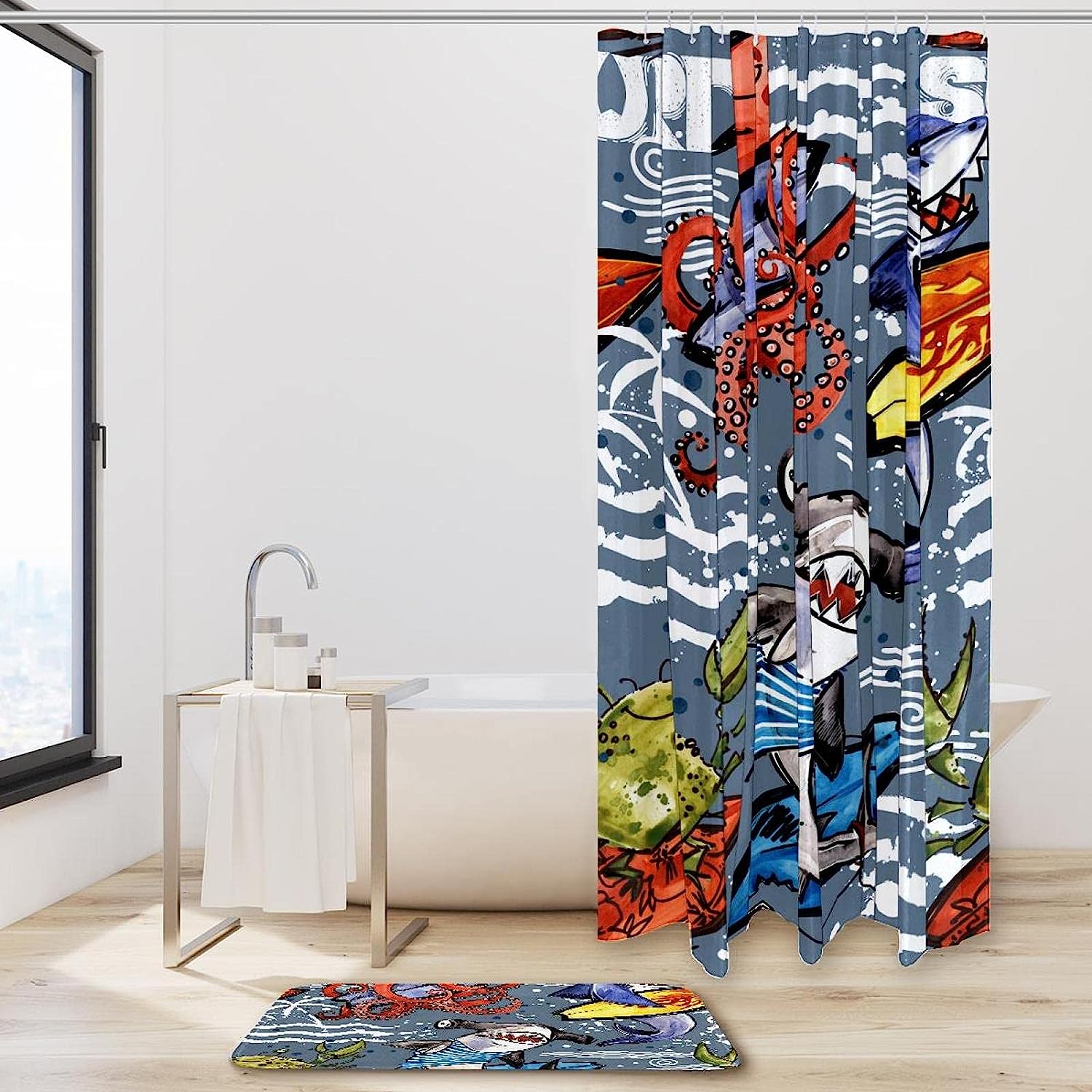 Inviting and Fun Shark and Octopus Shower Curtain - Waterproof Fabric with Underwater Adventure Print