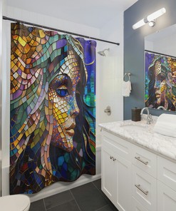 Iridescent Mermaid Mosaic Stained Glass Style Shower Curtain for Your Bathroom 