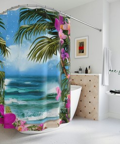 Island Bath Shower Curtain With Palm Tree Print For A Tropical Bathroom Oasis
