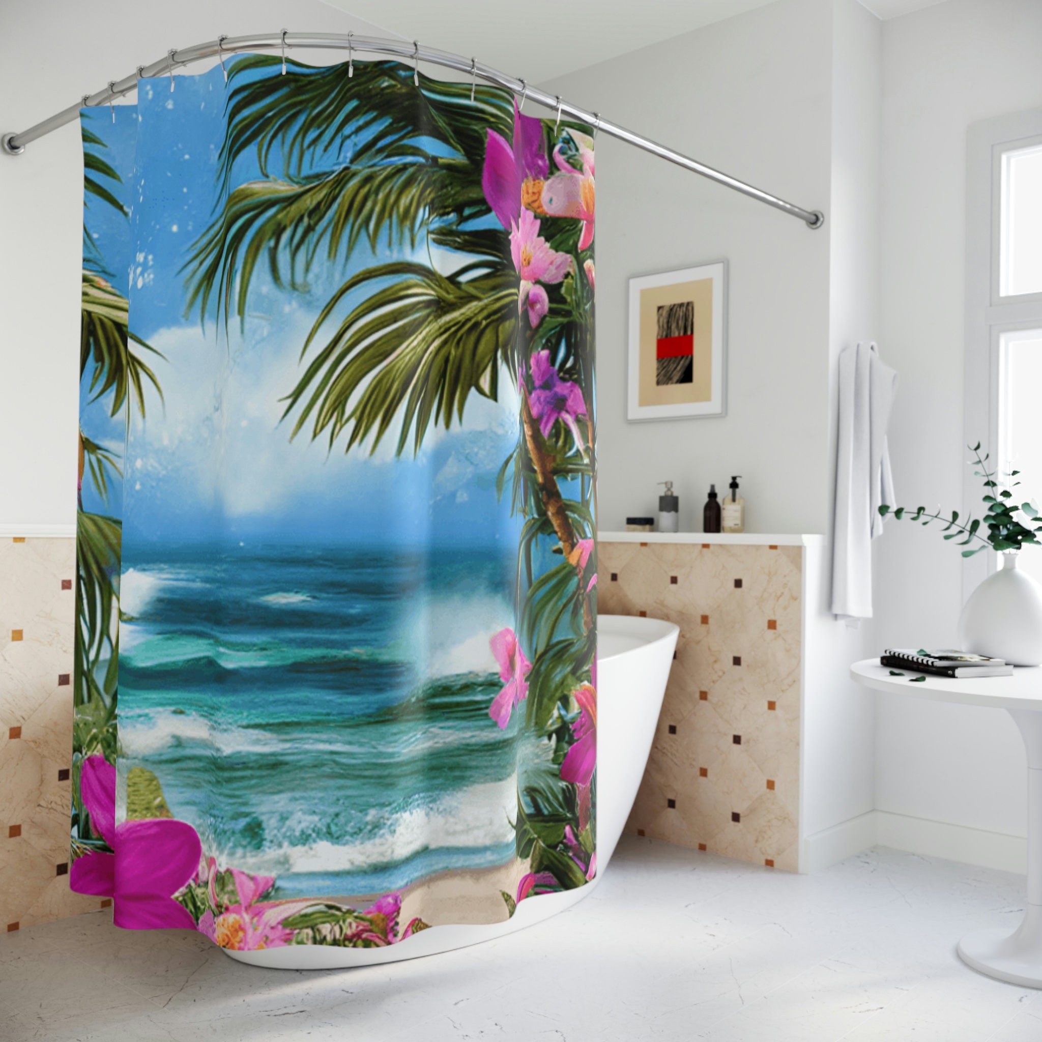 Island Bath Shower Curtain With Palm Tree Print For A Tropical Bathroom Oasis