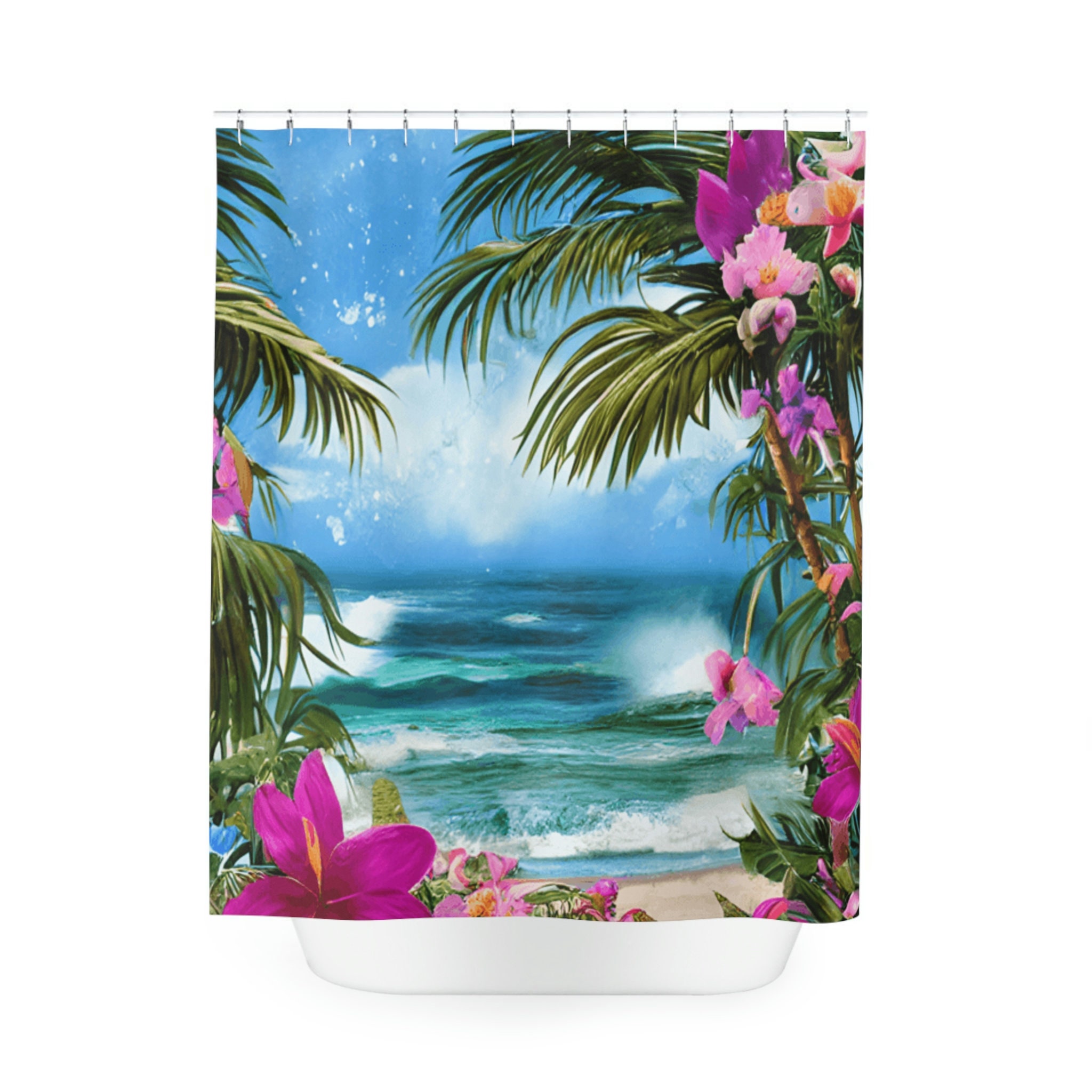 Island Bath Shower Curtain With Palm Tree Print For A Tropical Bathroom Oasis - Image 2