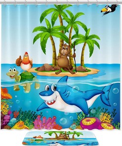 Island Beach Print Shower Curtain For Bathroom Tub Set Featuring Sharks, Sea Turtles, And Parrots