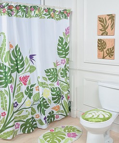 Island Bloom: Tropical Green Leaves and Hibiscus Flower Shower Curtain Set 