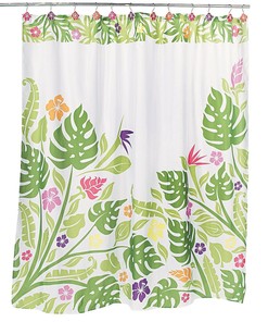 Island Bloom: Tropical Green Leaves and Hibiscus Flower Shower Curtain Set
