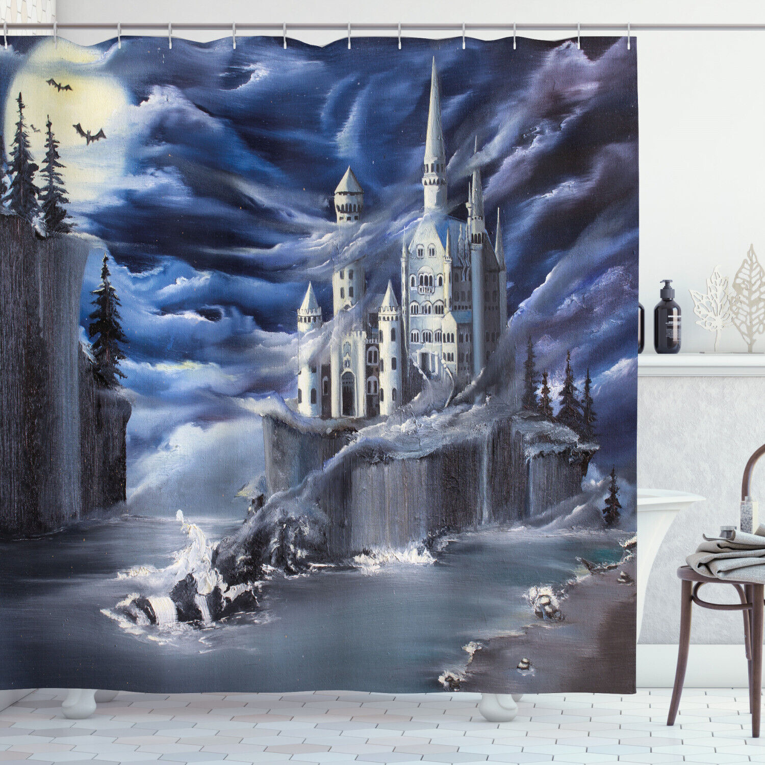 Island Castle Full Moon Print Shower Curtain Bathroom Decoration