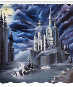 Island Castle Full Moon Print Shower Curtain Bathroom Decoration