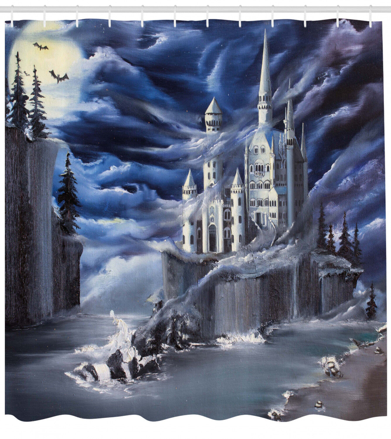 Island Castle Full Moon Print Shower Curtain Bathroom Decoration