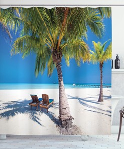 Island Palms Sunbeds Shower Curtain for Tropical Bathroom Decor