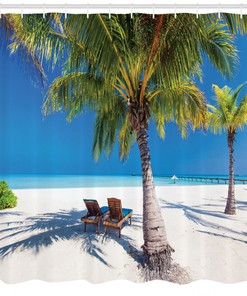 Island Palms Sunbeds Shower Curtain for Tropical Bathroom Decor