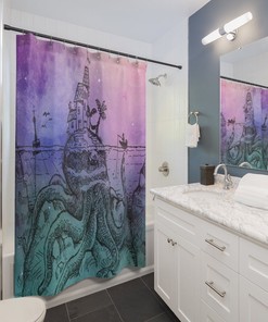 Island and Beach Shower Curtain with Kraken and Octopus Design.