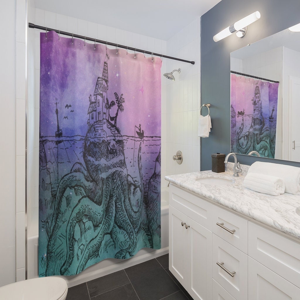 Island and Beach Shower Curtain with Kraken and Octopus Design.