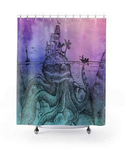 Island and Beach Shower Curtain with Kraken and Octopus Design.