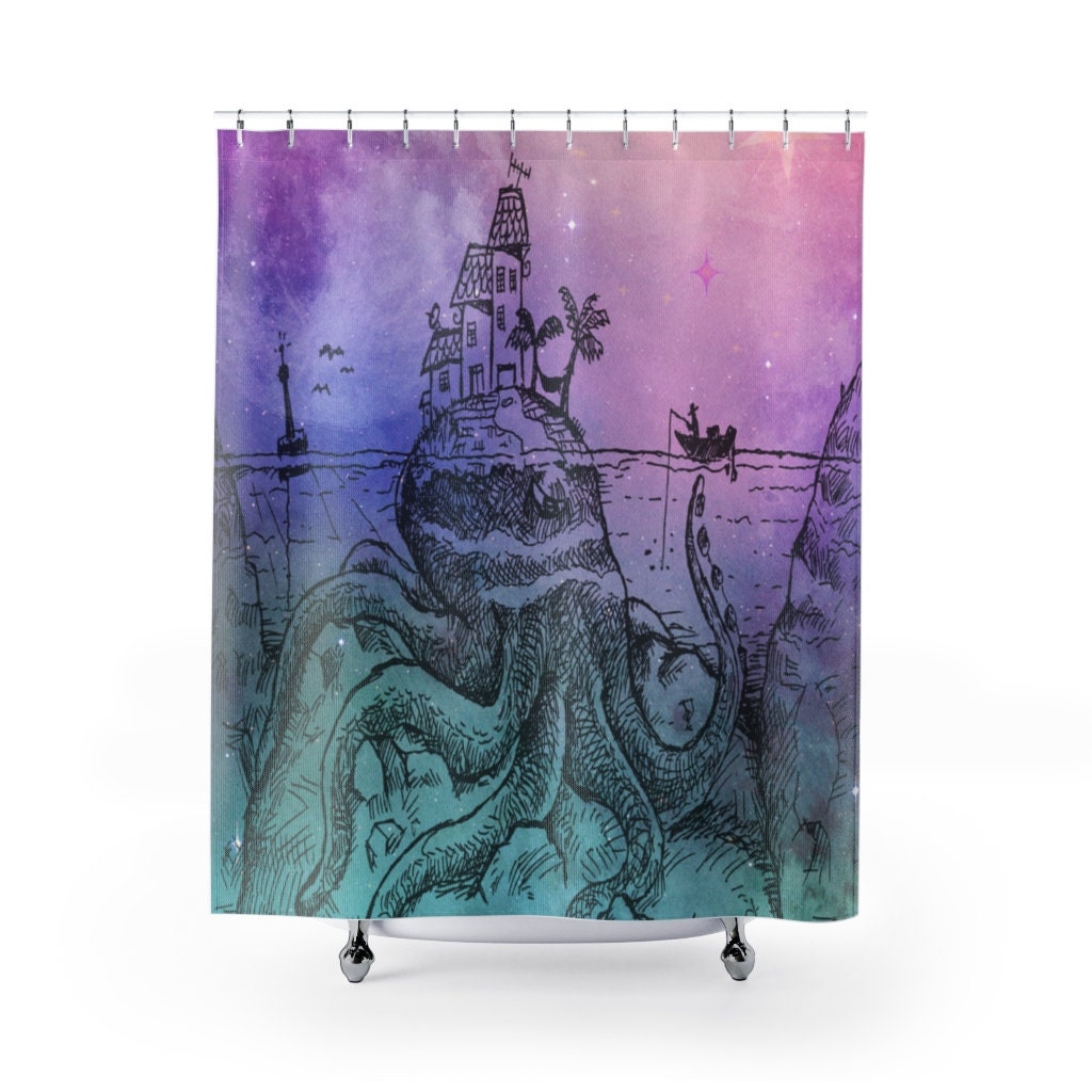 Island and Beach Shower Curtain with Kraken and Octopus Design.