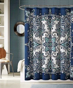 Istanbul Blue Floral Mandala Design Fabric Shower Curtain for Elegant Bathroom Decor