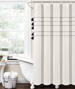 Ivory Boho Stripe Woven Tassel Yarn Dyed Shower Curtain with a Farmhouse Look on Cloth Fabric for the Bathroom