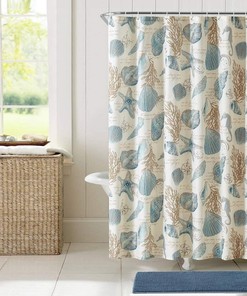 Ivory Starfish and Seashells Shower Curtain with Unique 3D Printing