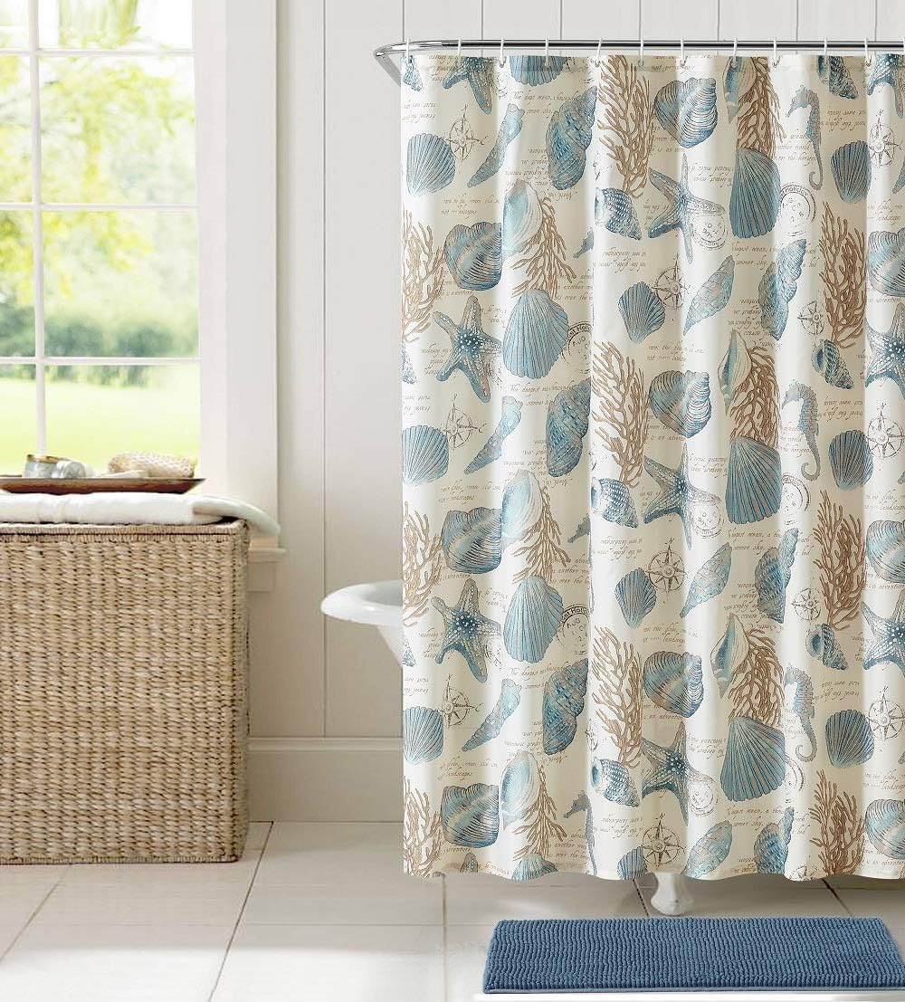 Ivory Starfish and Seashells Shower Curtain with Unique 3D Printing