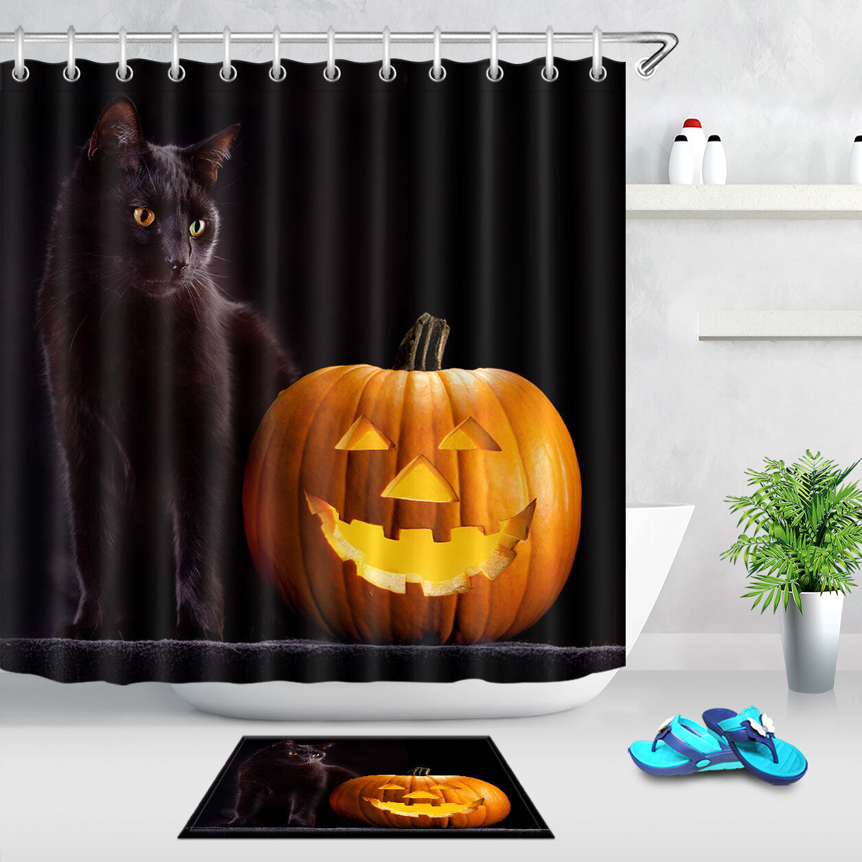 Jack-O-Lantern And Black Cat Halloween Shower Curtain - Fun And Festive