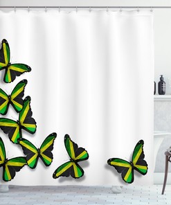 Jamaican Flag Shower Curtain with Butterfly Print for Colorful Bathroom Decor