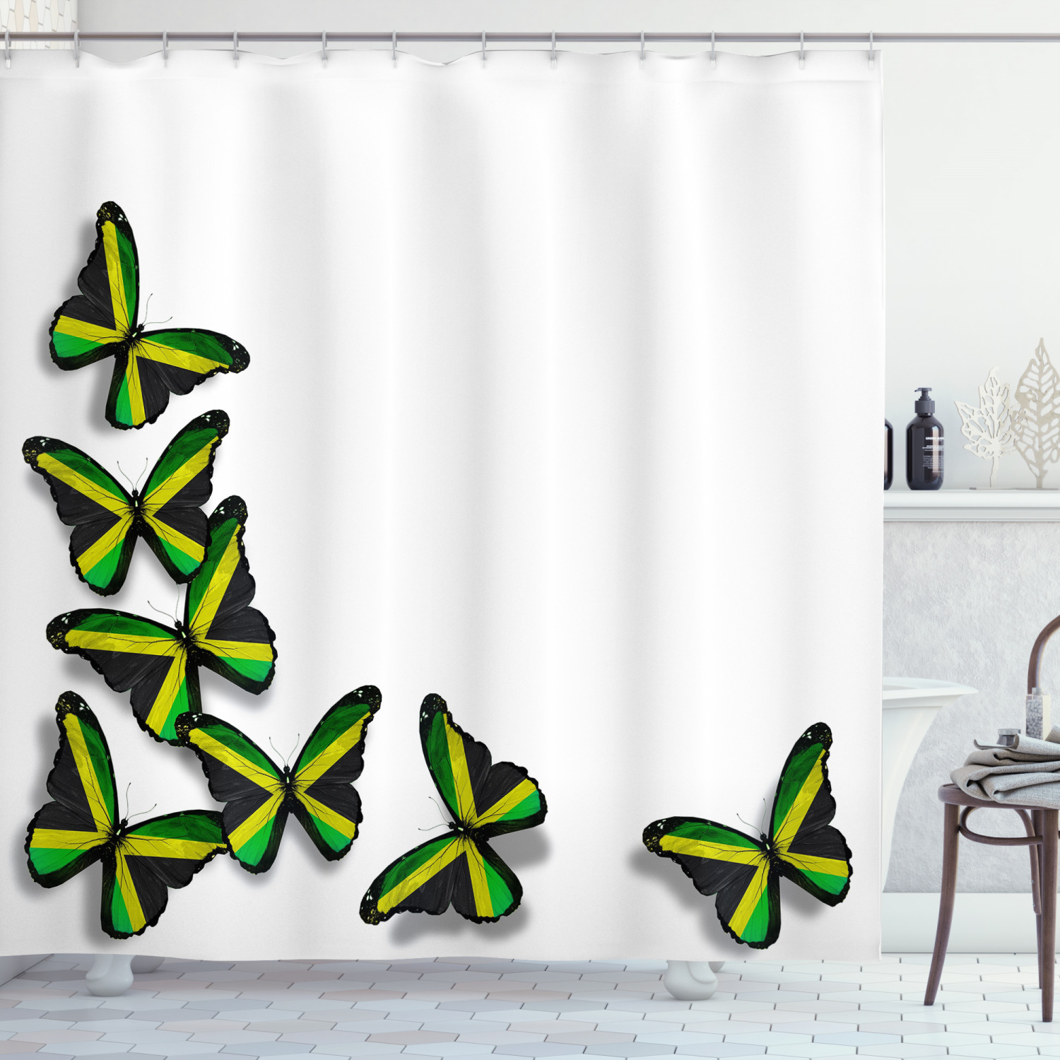 Jamaican Flag Shower Curtain with Butterfly Print for Colorful Bathroom Decor