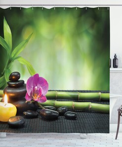 Japan Feng Shui Design Shower Curtain with Orchid, Bamboo, and Chakra Stones 