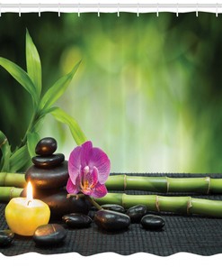 Japan Feng Shui Design Shower Curtain with Orchid, Bamboo, and Chakra Stones
