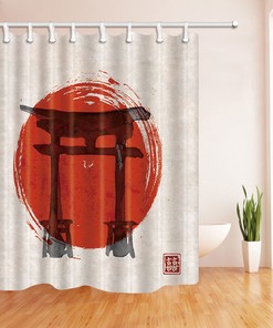 Japan Karakter Karakter Shower Curtain with Rising Sun and Torii Gates Design for Cultured Bathroom Decor