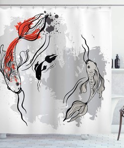 Japanese Aesthetic Koi Fish Shower Curtain | Digital Marine Underwater Print | Cloth Fabric Bathroom Decor (Orange Grey)