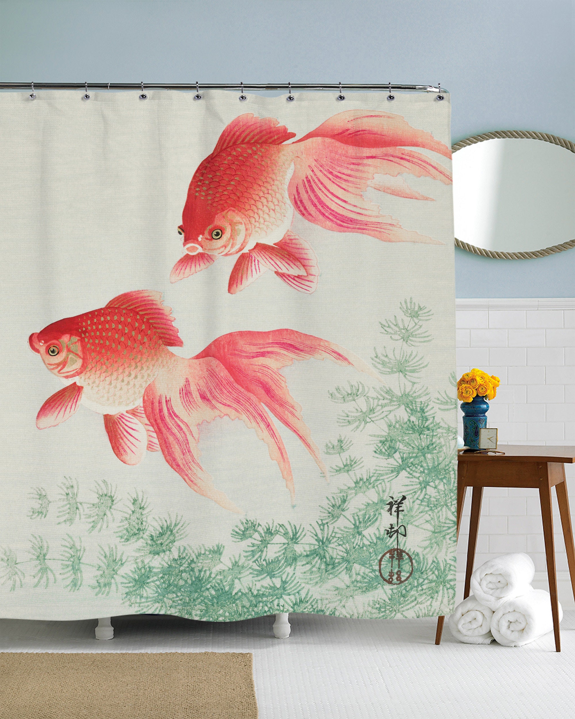 Japanese Art Print Shower Curtain with Koi Fish, Perfect for Fish Theme Bathroom Decor