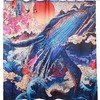 Japanese Artistic Blue Ukiyoe Sunrise Wave and Whale Space Shower Curtain for a Men's Bathroom