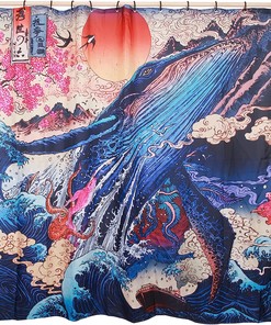 Japanese Artistic Blue Ukiyoe Sunrise Wave and Whale Space Shower Curtain for a Men's Bathroom