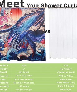Japanese Artistic Blue Ukiyoe Sunrise Wave and Whale Space Shower Curtain for a Men's Bathroom