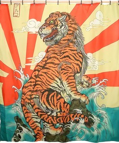 Japanese Artistic Ukiyoe Cool Sunrise Tiger and Waves Space Shower Curtain for a Masculine Touch