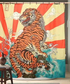Japanese Artistic Ukiyoe Cool Sunrise Tiger and Waves Space Shower Curtain for a Masculine Touch