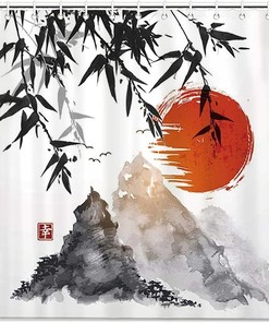 Japanese Bamboo Trees Sun And Mountains Shower Curtain - Elegant Curtain For Your Asian Bathroom Decor