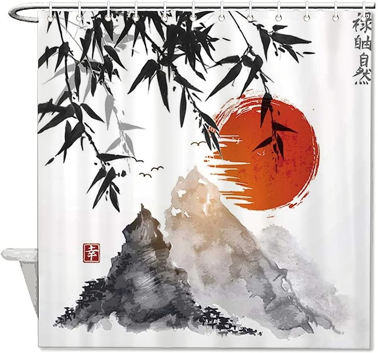 Japanese Bamboo Trees Sun And Mountains Shower Curtain - Elegant Curtain For Your Asian Bathroom Decor