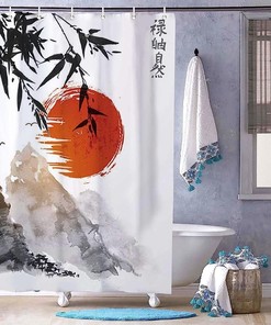 Japanese Bamboo Trees Sun And Mountains Shower Curtain - Elegant Curtain For Your Asian Bathroom Decor