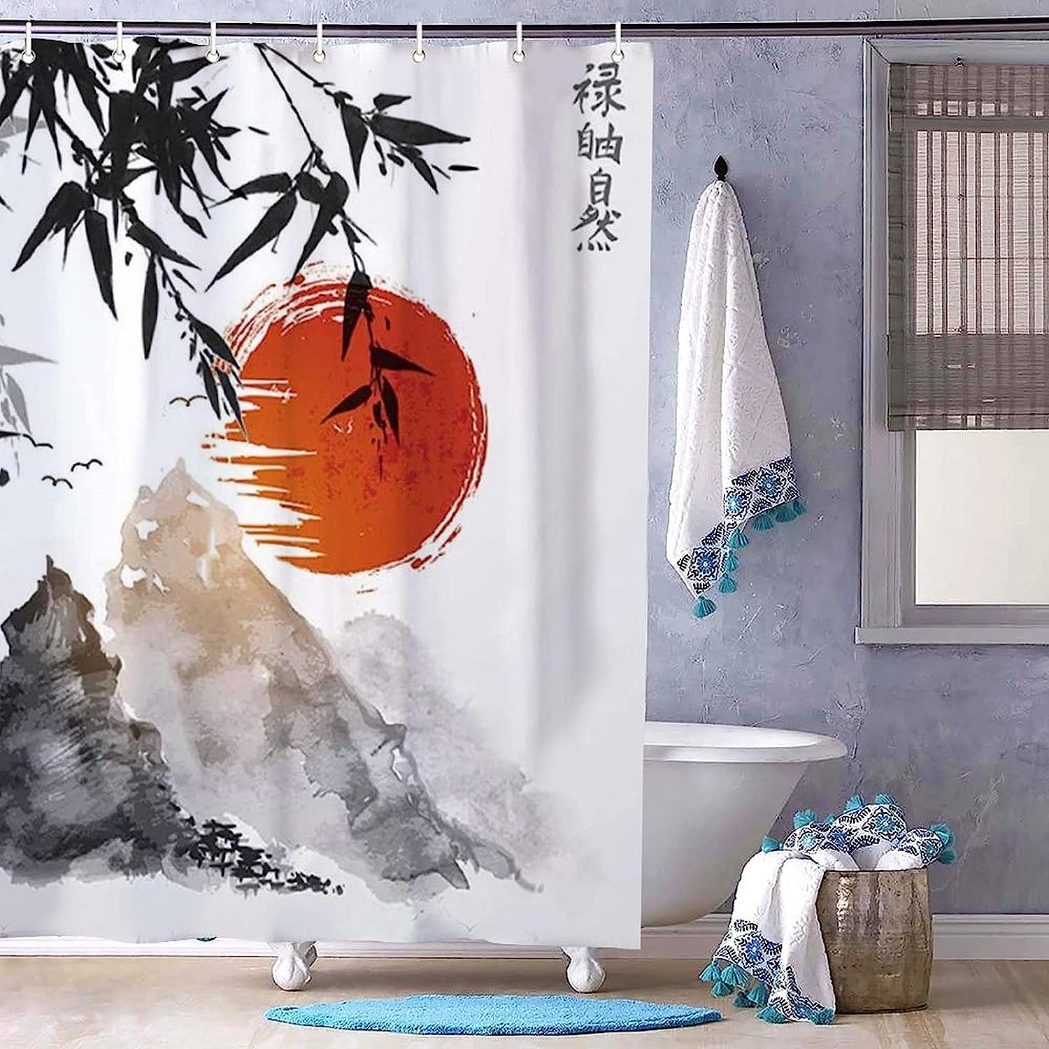Japanese Bamboo Trees Sun And Mountains Shower Curtain - Elegant Curtain For Your Asian Bathroom Decor