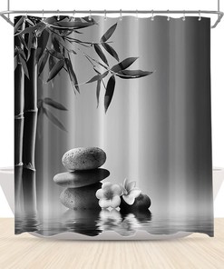 Japanese Bamboo Zen Stones Shower Curtain with Asian-Inspired Bathroom Design